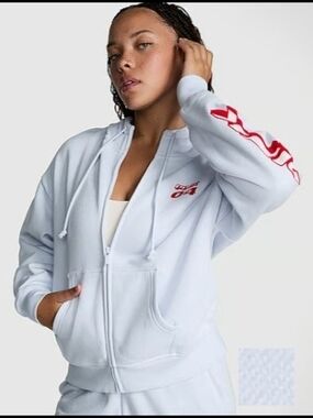 Light Blue Women's Zip Hoodie with Red Sleeve Detail